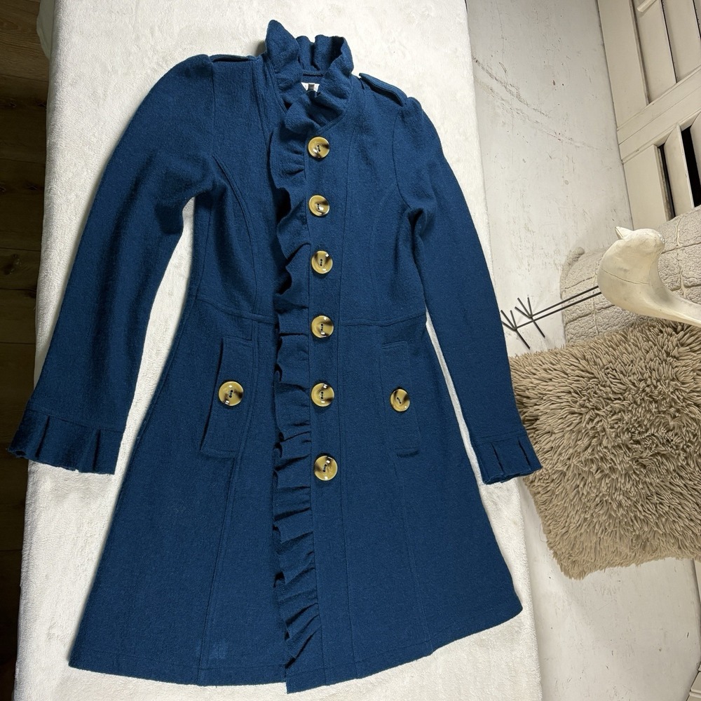 Luii Anthropologie‎ Autumn Ingenue Boiled Wool Ruffle Military Jacket Blue Small